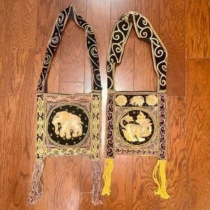 Lot of 2 Vintage Kalaga Burmese Indian Embroidered Tapestry Elephant lion Bag